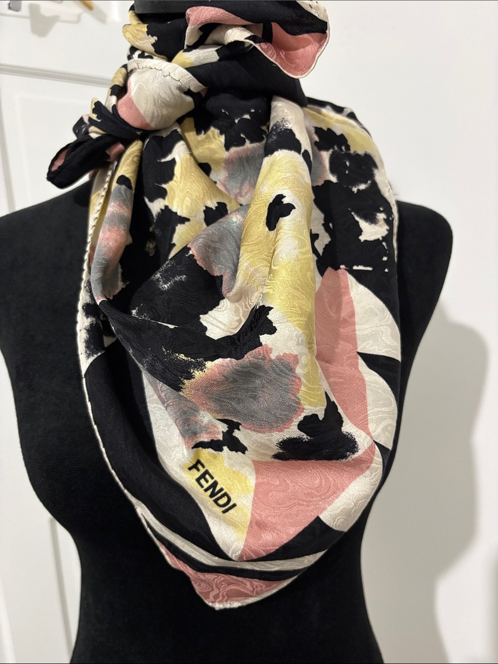 Fendi Black Silk Scarf with Pink, Yellow & Cream Floral Print